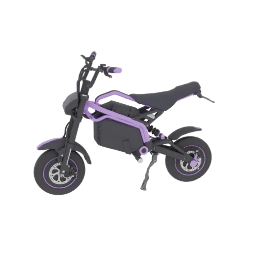 3D model of a purple and black electric dirt bike with a modern, sporty design, shown against a black background.