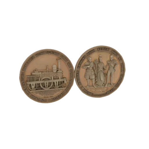 3D model of a Steampunk medal with a locomotive on one side and three figures on the other, presented against a black backgro