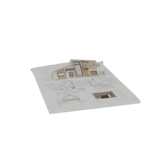 3D model of a modern house with contemporary design, placed on a base resembling architectural blueprints.