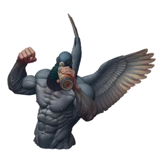 3D model of a muscular pigeon with wings, holding and drinking from a beer bottle.