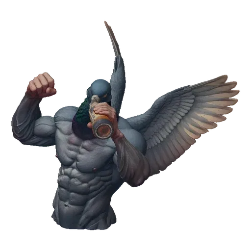 3D model of a muscular pigeon with wings, holding and drinking from a beer bottle.