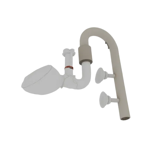 3D model of a modern faucet with a flexible hose and two control knobs, rendered against a black background.