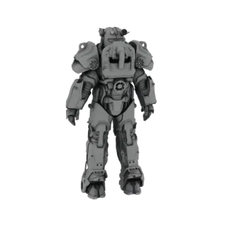 Un rendering 3D dell'Armatura Atomica T-45 di Fallout, mostrata frontalmente in una posa neutra in piedi su sfondo bianco.