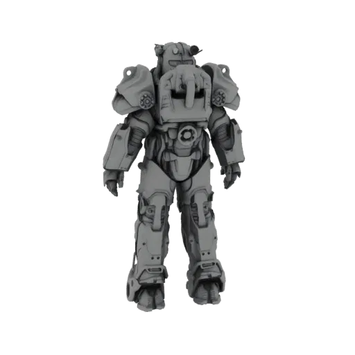 Uma renderização 3D da Armadura de Poder T-45 de Fallout, mostrada de frente em uma pose neutra em pé contra um fundo branco.
