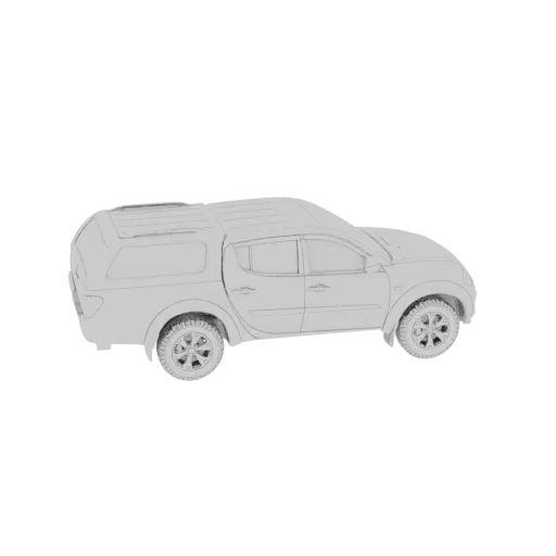 Modèle 3D d'un pick-up blanc avec un canopy ajusté, vu de côté.