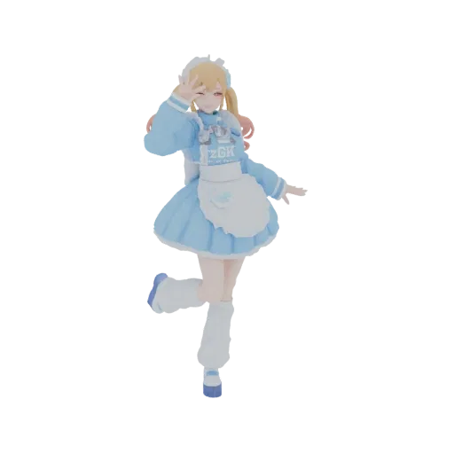 3D model of an anime maid character in a blue dress and white apron, striking a playful pose with a wink.