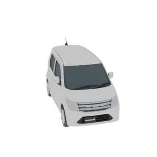 Un modello 3D di una Suzuki Wagon R bianca, visto da un'angolazione anteriore destra leggermente elevata su uno sfondo bianco