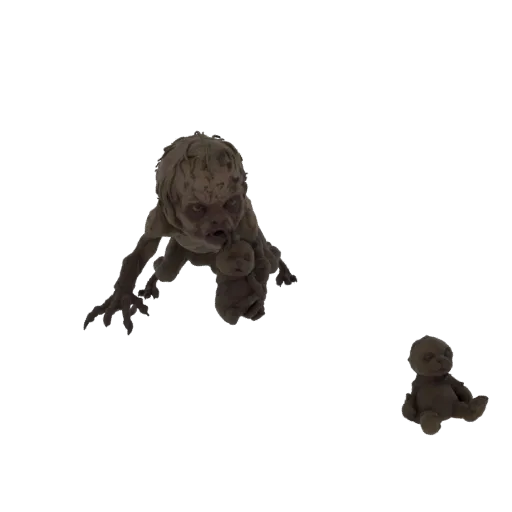 3D model of a grotesque baby monster crawling, with sharp claws and a disturbing expression, holding a small doll.