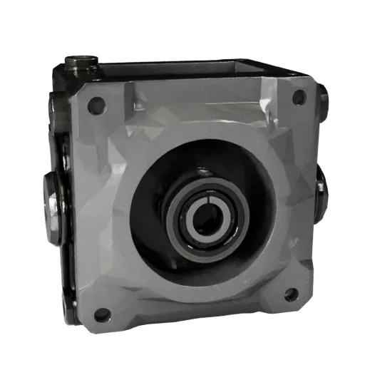 Sealed Gearbox Housing Low Poly 3D model, game viewport three-quarter view, showing machined metal, form detail.