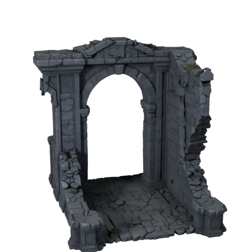 Fantasy Dungeon Entrance Stylized 3D model, stylized isometric environment render, showing aged stone, built remnants.