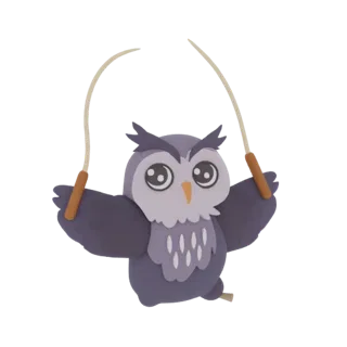 A 3D render of a cute, cartoonish owl with large eyes, jumping rope with its wings spread wide.