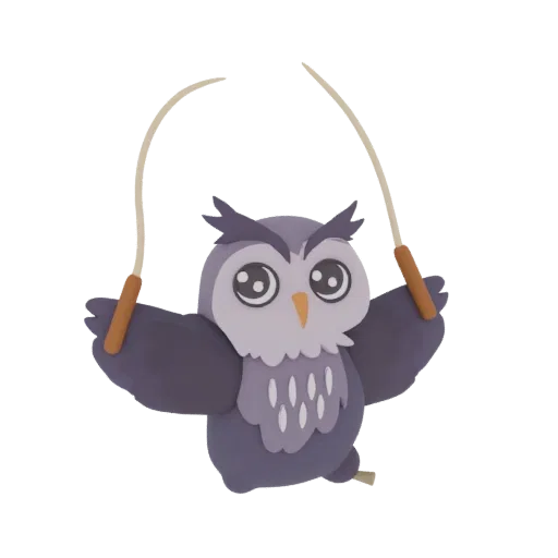 A 3D render of a cute, cartoonish owl with large eyes, jumping rope with its wings spread wide.