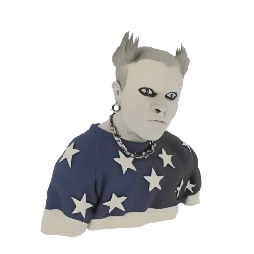 3D model of a punk rock character with spiky grey hair, dark eye makeup, and a blue shirt with white stars.