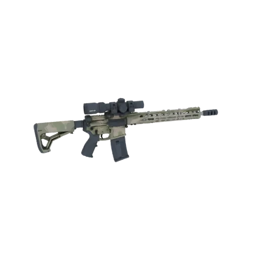 3D model of a camouflaged AR-15 style rifle with a mounted scope, presented against a white background.