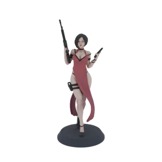 3D model of Ada Wong in a red dress, holding a rifle and pistol, standing on a circular base.