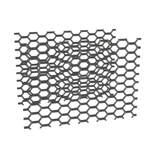 A 3D render of a gray, interconnected hexagonal lattice structure against a white background.