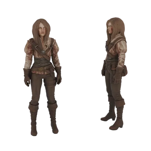 Front and side view of a 3D model of a female warrior in brown leather armor, with long brown hair and a serious expression.