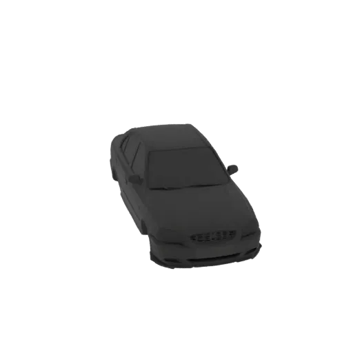 A 3D model of a dark, matte black sedan viewed from a three-quarter front angle against a white background.