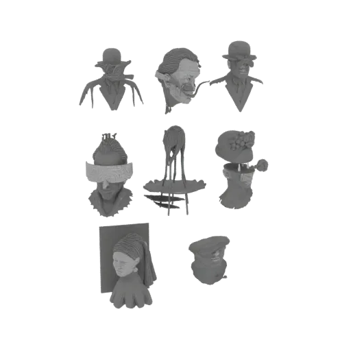 A collection of nine diverse 3D models depicting surrealist-inspired human head sculptures in various abstract and artistic s
