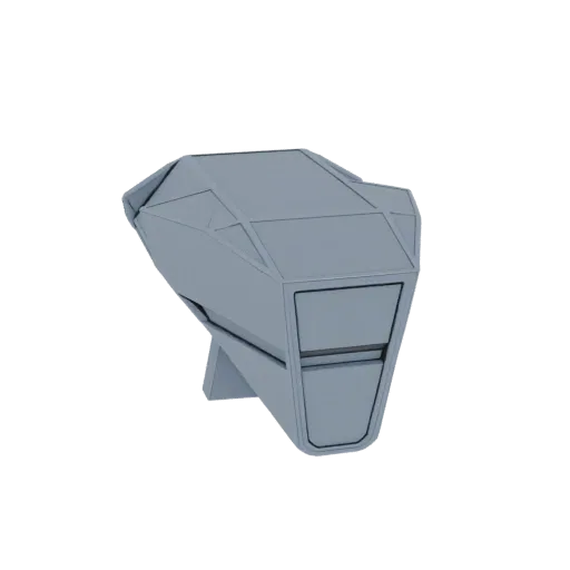 Rendu 3D d'un module de transport futuriste avec un design géométrique angulaire et une finition grise.