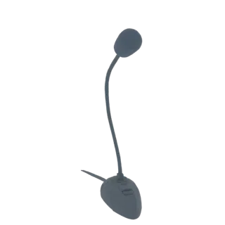 Modello 3D di microfono flessibile a collo d'oca grigio scuro con base stabile, isolato su sfondo bianco.