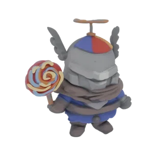 3D model of a whimsical knight character with grey armor, wings, a propeller hat, and a colorful swirled lollipop.