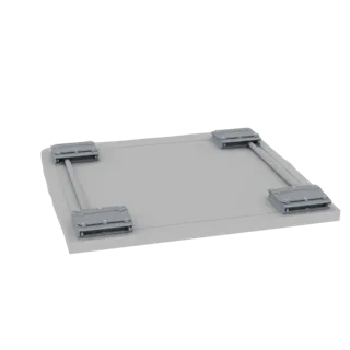 3D-Modell einer Stahlbetonplatte mit vier metallischen Einbauteilen an den Ecken.