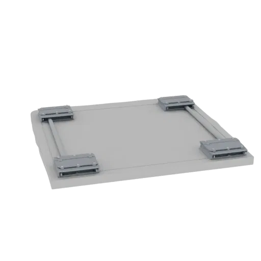 3D model of a reinforced concrete slab with four metal embedded parts located at the corners.