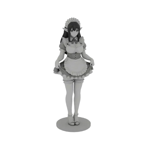Render de modelo 3D de personaje elfo estilo anime con traje de doncella, de pie sobre una base circular.