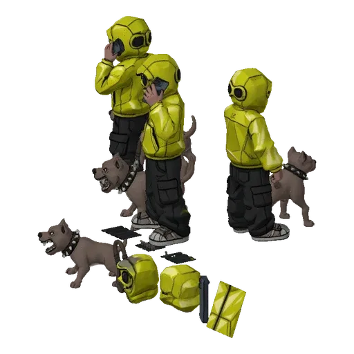 3D model of two figures in yellow hooded jackets with pitbull dogs, presented in a stylized, illustrative art style.