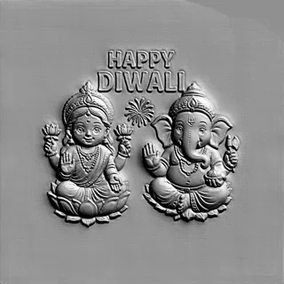 3D-Modell Basrelief "Frohes Diwali" mit Lakshmi und Ganesha, in Grau, mit "HAPPY DIWALI"-Inschrift