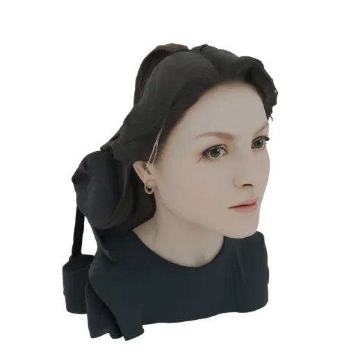 3D model of a woman's bust with dark flowing hair and gold earrings, viewed from the side.