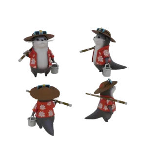 Modelo 3D de una nutria linda con sombrero de paja y camisa hawaiana roja, sosteniendo una caña de pescar y un pequeño cubo.