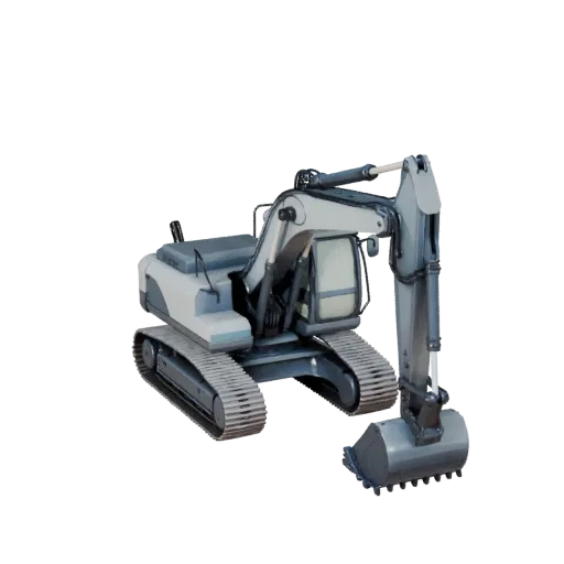 Modello 3D stilizzato di Escavatore da Cantiere, rendering isometrico stilizzato, che mostra acciaio verniciato, dettaglio de