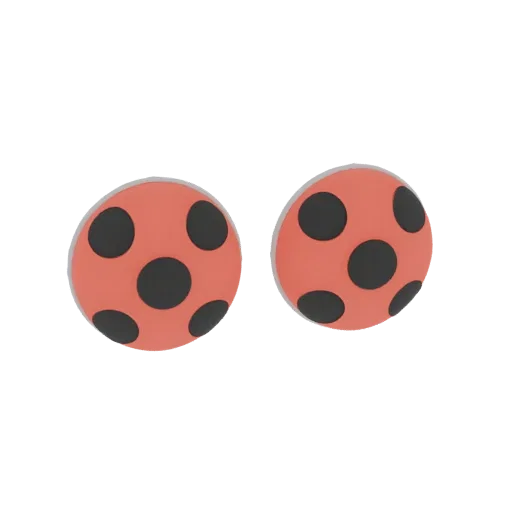 Modelo 3D de dois brincos de botão de joaninha, cada um com corpo vermelho e pintas pretas, apresentados contra um fundo bran