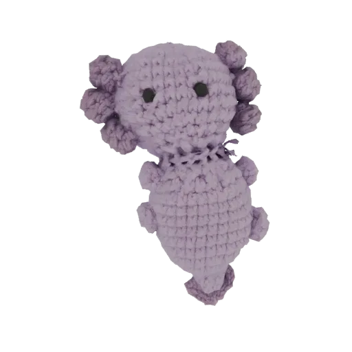 3D model of a crocheted axolotl plush toy in a soft purple color with frilly gills and black eyes, presented against a white
