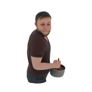 3D model of a man with a beard and a brown t-shirt, smiling as he stirs chocolate in a grey pot with a wooden spoon.