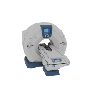 3D model of a stylized MRI machine with a sliding couch, front view