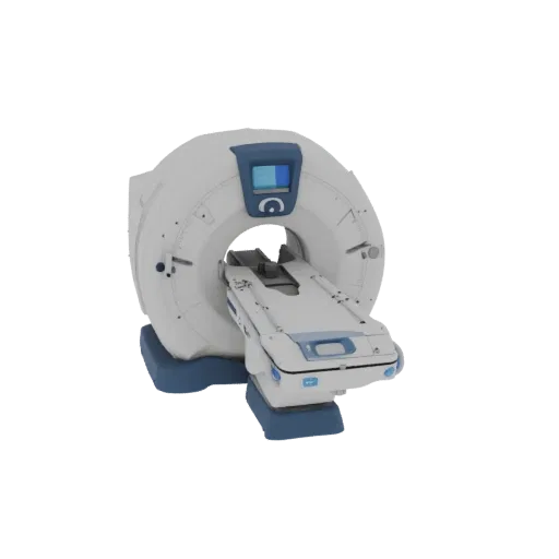 3D model of a stylized MRI machine with a sliding couch, front view