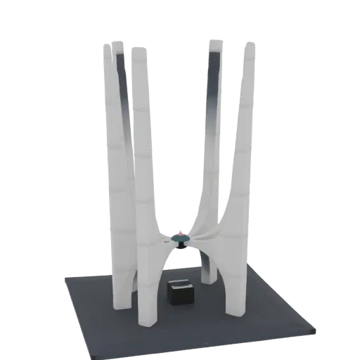 3D model of a futuristic monument with tall, white, curved pillars and a dark geometric base, set against a black background.