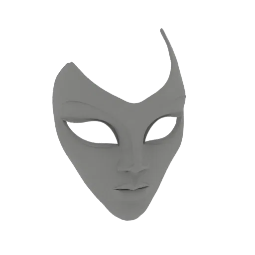 A 3D render of a smooth, grey Venetian masquerade mask with elegant curves and dark eye openings, set against a black backgro