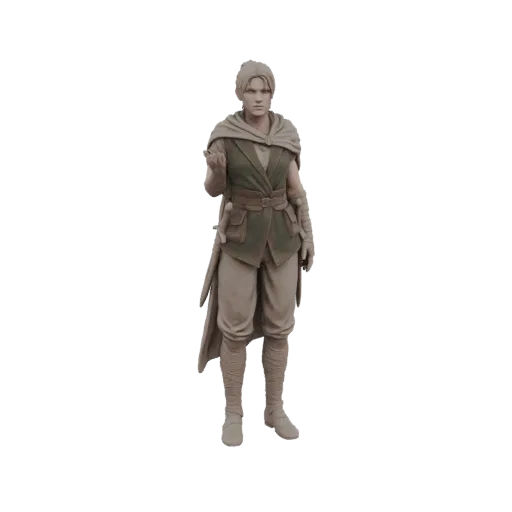 3D model of a fantasy adventurer with a hooded cloak, vest, sword, and extended hand, presented in a stone-like texture.