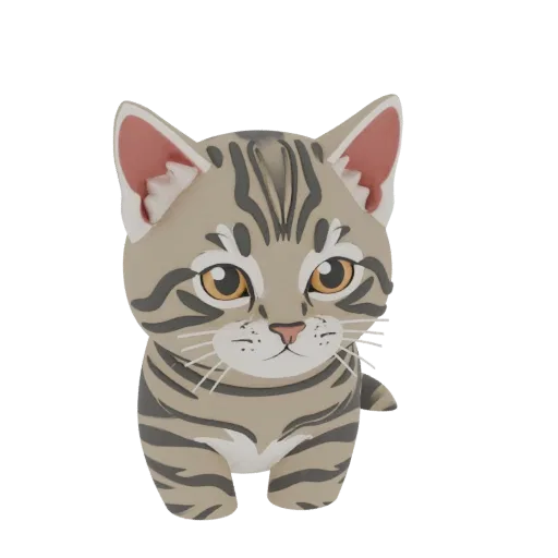 A 3D render of a cute, stylized chibi tabby cat with large eyes and classic tabby markings, presented on a white background.