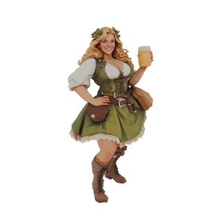 3D model of a smiling Bavarian Beer Maiden in traditional dress, holding a glass of beer, with a floral wreath in her blonde