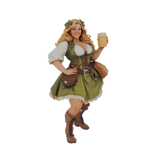 3D model of a smiling Bavarian Beer Maiden in traditional dress, holding a glass of beer, with a floral wreath in her blonde
