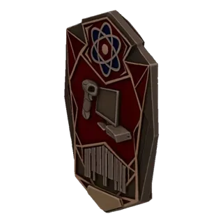 3D model of a sci-fi tech medallion with atomic, computer, and barcode symbols on a dark red background, with metallic framin