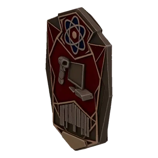 3D model of a sci-fi tech medallion with atomic, computer, and barcode symbols on a dark red background, with metallic framin