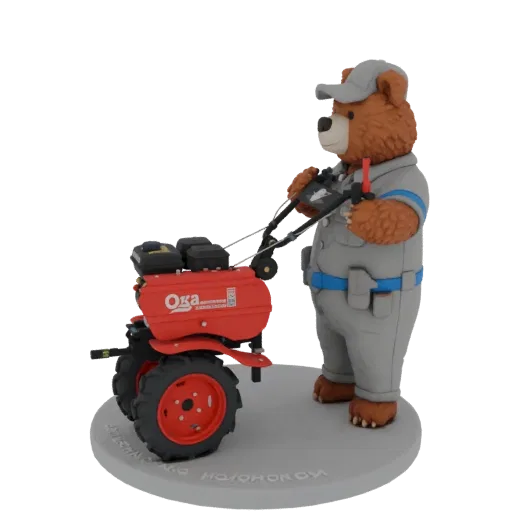 3D model of a brown bear character in a gardener's uniform operating a red cultivator, standing on a grey base.