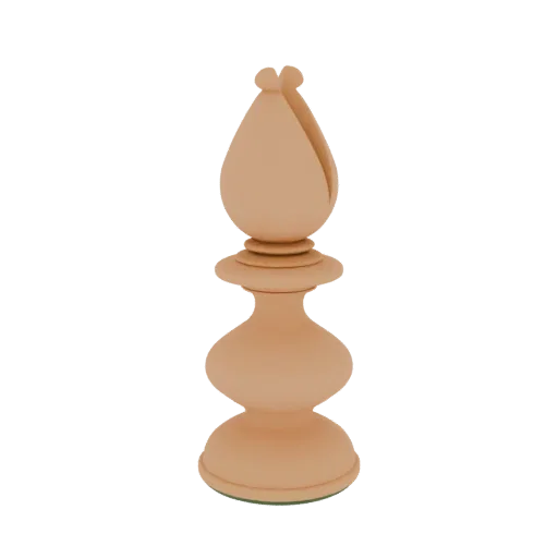 A 3D render of a classic bishop chess piece with a smooth, light brown finish and a distinctive split mitered head.