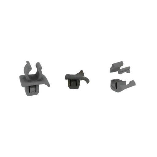 Un rendering 3D di tre distinte clip in plastica grigia disposte fianco a fianco su uno sfondo bianco.